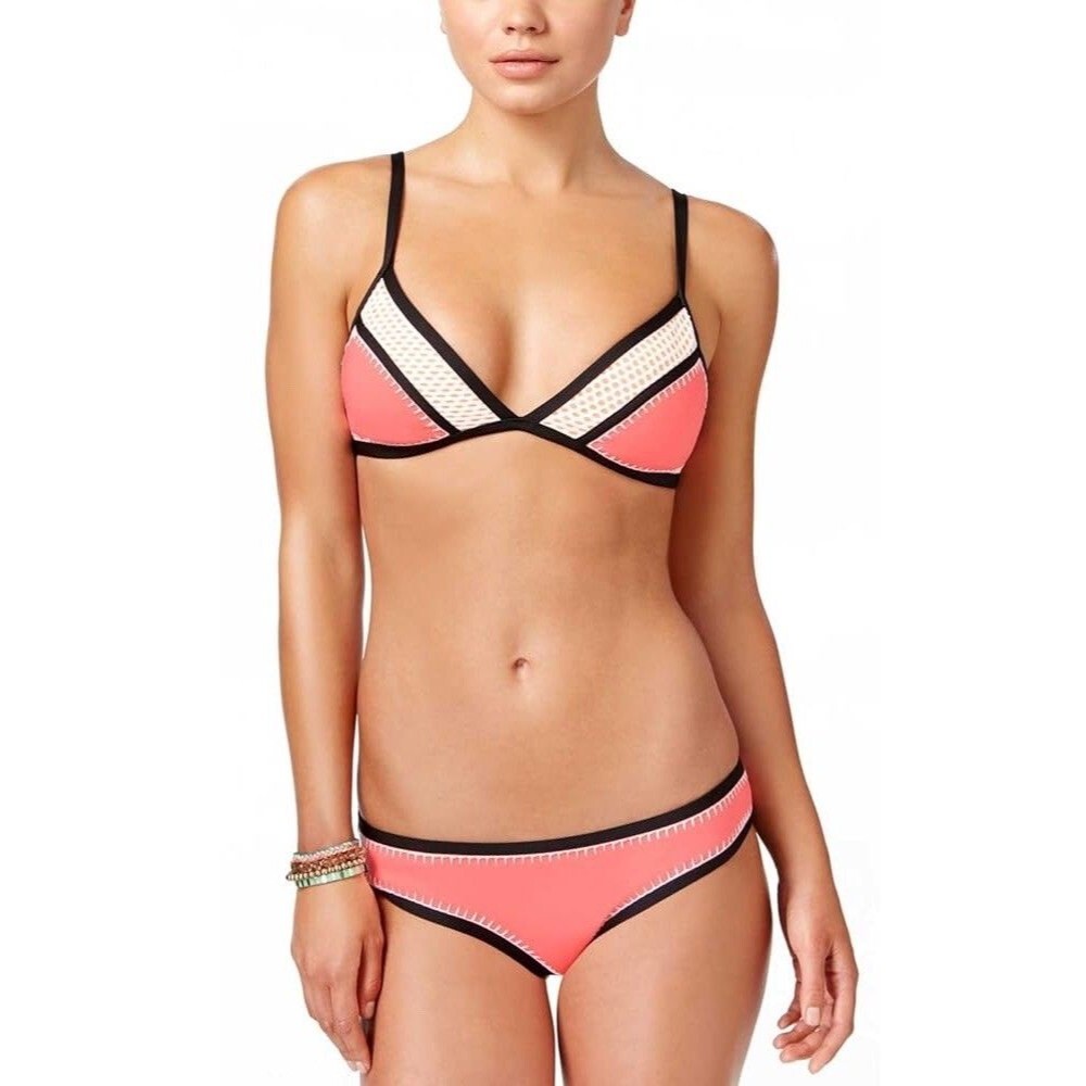 BAR III Whip It Good Bikini Set Medium M Coral Pink Mesh Whipstitch Swimsuit